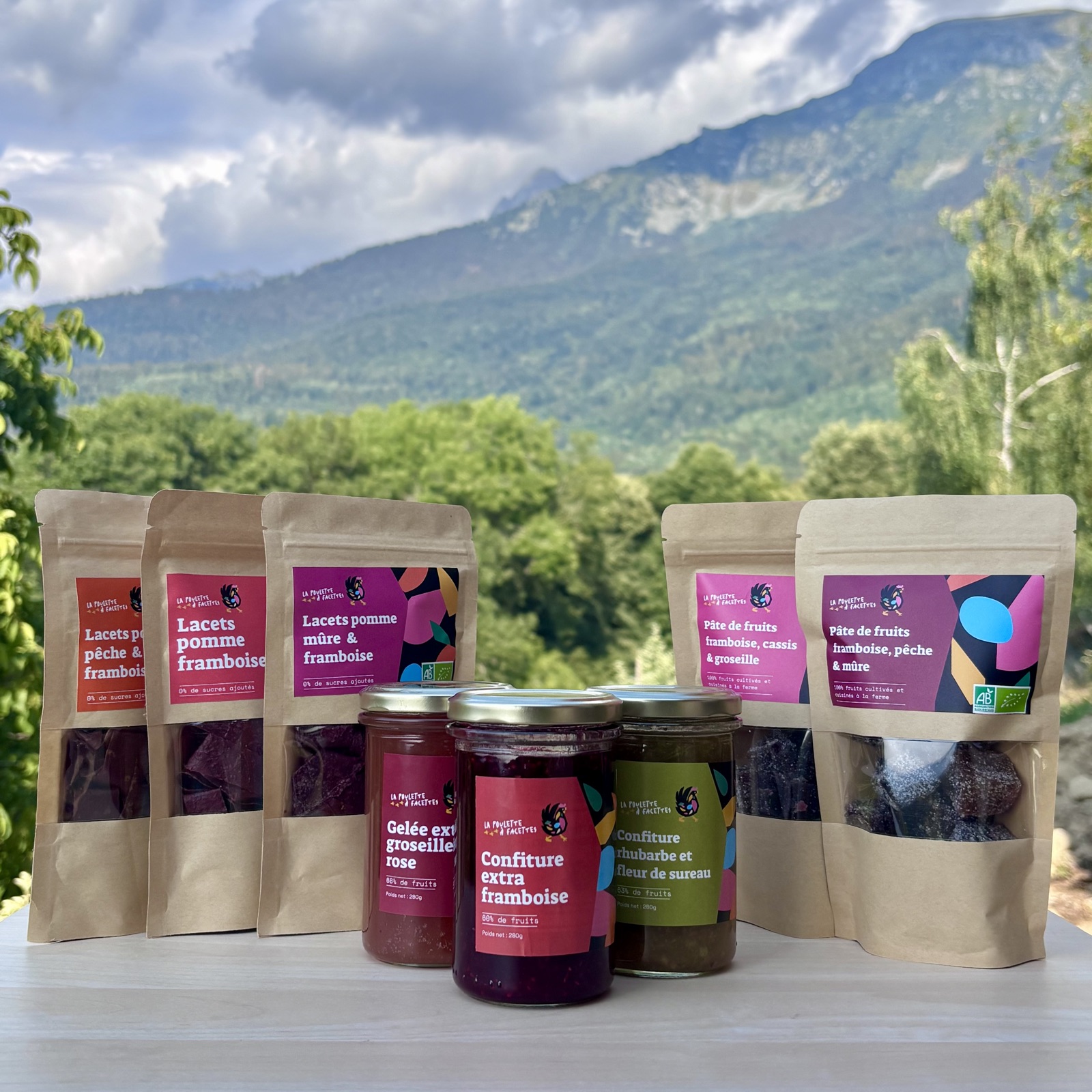 Notre gamme de produits transformés : confitures, gelées, pâtes de fruits et lacets de fruits, face à la chaîne de Belledonne