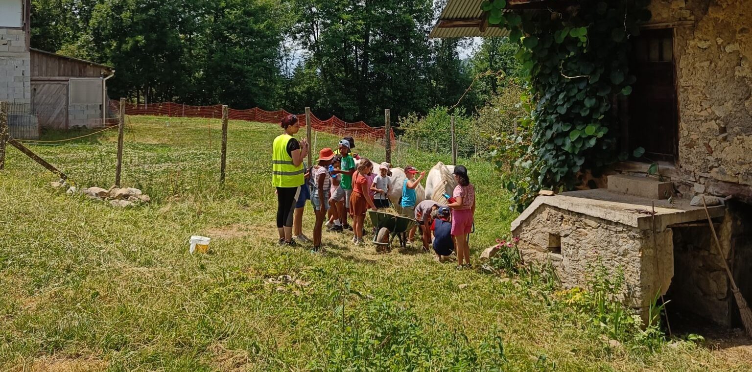 Un groupe d'enfants et leur accompagnatrice lors d'une visite à la ferme